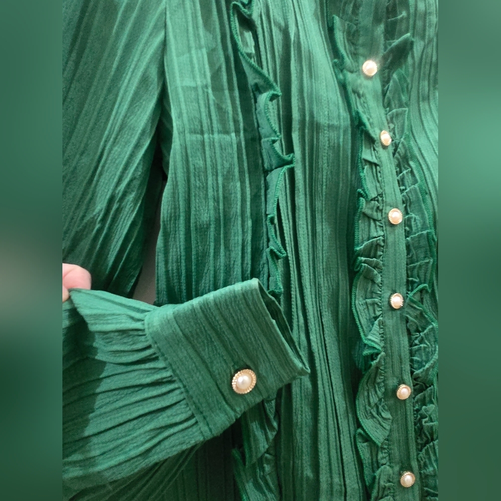 Elegant Green Blouse with Pearl Buttons